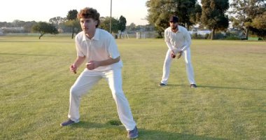 Kırmızı top, erkek kriket takımının attığı oyuncuları topa vurup çimlere fırlatıyor. Atletik, takım çalışması, hareket, açık hava, spor, çeviklik, rekabet