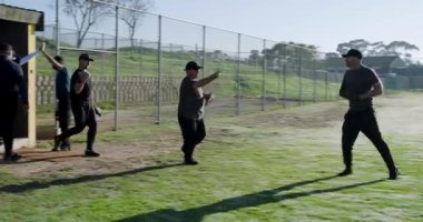 Erkek beyzbol takımının kıdemli antrenörünü takip etmesi tatbikat için dış sahada beşlik çakması. Atletizm, takım çalışması, eğitim, açık hava, rekabetçi, aktif, yoldaşlık