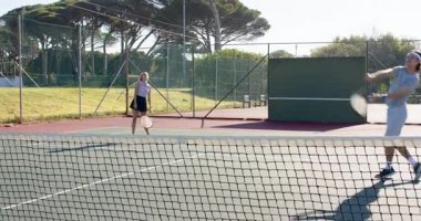 Top atan, çeşitli tenis oyuncuları raketlerle net hattı protesto etmeden önce sert kortta gösteri yapıyorlar. Atletik, takım çalışması, rekabet, açık hava, spor, dinamik, enerjik
