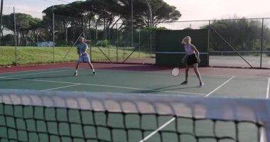 Top atıp servis yapan çeşitli arkadaşlar raketlerle dostça bir maç yapmak için tenis kortunda gösteri yapıyorlar. Atletik, rekabet, spor, açık hava, aktif, boş zaman, takım çalışması