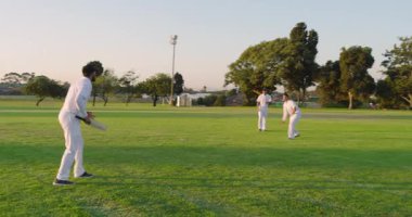 Top vurucu vurucu vuruşunu yapan atıcı sahada kaleye geri dönüyor. Kriket, takım çalışması, atletizm, açık hava, aksiyon, sportmenlik, eğlence