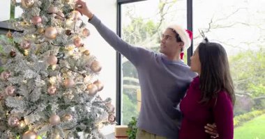 Karla kaplı Noel ağacına süslenmiş romantik çiftlere hayran kaldıktan sonra. Romantik, kutlama, rahat, şenlikli, iç mekan, tatil, dekorasyon