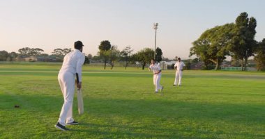 Golf sopası, Hintli atıcı koşuyor kırmızı topu saha dalışına götürüyor bloktan bloğa, kopyalama alanına. Kriket, atletizm, rekabet, açık hava, takım çalışması, aksiyon, spor