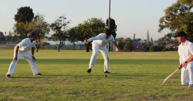 Hintli atıcı, kırmızı topu, beyaz vurucuya doğru atıyor. Kaleyi sahada sopayla savunuyor. Spor, takım çalışması, açık hava, atletik, rekabet, strateji, eğlence