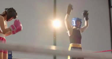 Erkek koç ringin iplerinden kadın boksör eldivenini tutuyor, kutlama eldivenlerini kaldırıyor ve kazanıyor. Sporcular, rekabet, zafer, takım çalışması, kararlılık, yoğunluk, spor