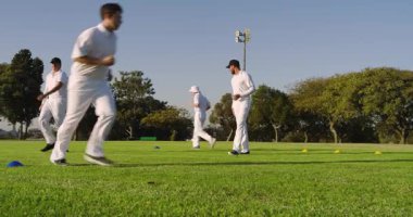 Renkli külahların arkasında toplanan kriket takım arkadaşları külahların üzerinden atlayıp dış sahada ısınıyorlar. Atletizm, antrenman, spor, yarışma, açık hava, dayanıklılık