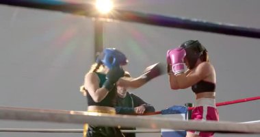 Boksörler boks ringinde eldiven yumruklaşması yaparken koç halatların üzerinden koçluk yapıyor. Sporcular, yarışma, eğitim, yoğunluk, odaklanma, spor, fitness