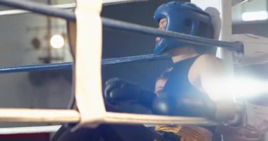 Koç, boksör içerken su ikram ediyor, ringin köşesinde dövüşmeden önce başlığı ayarlıyor. Sporcu, antrenör, spor salonu, dövüş, motivasyon, atletizm, güç