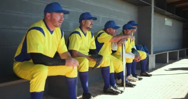 Beyzbol takımının çeşitli erkek arkadaşları yedek kulübesinde eldiven ve sopayla oyun dışı kalınca tezahürat yapıyorlar. Sporcular, yoldaşlık, takım çalışması, spor, enerjik, açık hava, rekabetçi