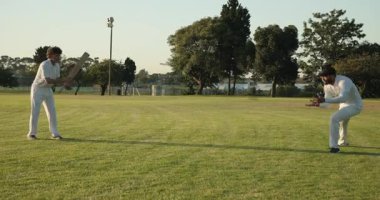 Kriket sopasını yere vuruyor, iki adam çimenlerde kriket topu yakalamak için talim yapıyor. Atletik, takım çalışması, antrenman, açık hava, spor, çeviklik, rekabet