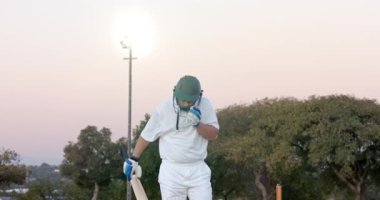 Kale düşüyor, takım arkadaşları yumruk tokuşturuyor, kask takıyor kriket sahasında nöbet tutuyor. Spor, yoldaşlık, aksiyon, açık hava, kutlama, birlik, atletizm