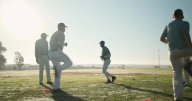 Antrenör çağrısı, çeşitli erkek takım arkadaşları yüksek diz koşuları yapıyor ve çimlere koni tekmeliyor. Atletizm, takım çalışması, antrenman, fitness, açık hava, motivasyon, spor