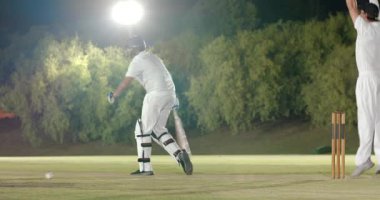 Vurucu ıskaladığında erkek bovling oyuncusu çekici, erkek takım arkadaşları gece kaleyi kutluyor. Kriket, spor, takım çalışması, rekabet, aksiyon, kutlama, gece vakti