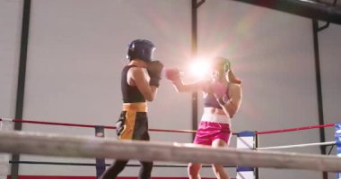 Antrenman zili çalıyor iki kadın boksör daireler çiziyor ve kancalarla yumruk yumruğa dövüşüyorlar. Atletizm, dövüş, fitness, kuvvet, eğitim, kararlılık, hareket