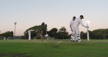 Önceki toptan sonra, çeşitli vurucular eldivenlerini indiriyor ve alacakaranlıkta topallayarak topa vurmaya hazırlanıyor. Kriket, spor, atletizm, takım, rekabet, açık hava, aksiyon