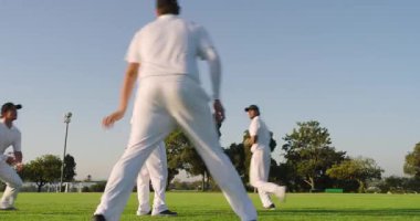 Kırmızı topu fırlatmak, geri almak, çeşitli erkek kriket takımları park çimlerinde dönerek ısınıyor. Sportmenlik, takım çalışması, açık hava, atletik, boş zaman, rekabetçi, işbirliği