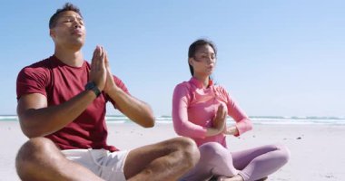 Çeşitli yoga partnerleri, kumsalda akıllı seğirmelerle nefes alıp verme ve kollarını indirmeyi takip ediyor. Dinginlik, farkındalık, sağlık, açık hava, meditasyon, uyum, rahatlama.