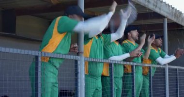 Çok önemli bir oyuna tepki gösterdiler. Beyzbol takımından arkadaşlar yumruk tokuşturdular. Yedek kulübesine su püskürttüler. Sporcular, takım çalışması, kutlama, yoldaşlık, spor, zafer, dinamik