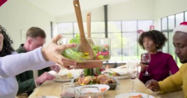 Çeşitli arkadaşlar salata kasesini kaldırıyor, evde yemek masasında dolaşıp hindi ve şarap paylaşıyorlar. Şenlik, kutlama, toplanma, misafirperverlik, neşe, mevsimlik, lüks