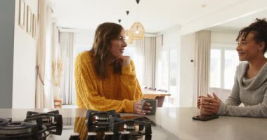 Çeşitli bayan arkadaşlar sohbet ediyor, mutfak adasında fincanlar tutuyor, akıllı telefonlara bakıp gülüyorlar. İçtenlik, yaşam tarzı, konforlu, çağdaş, etkileşim, bağlantı, eğlence