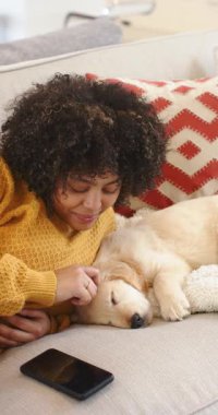 Dikey video: Köpek yavrusunun uyuduğunu görmek, bir kadının bağlanmak için akıllı telefondan kafasını okşaması. Şefkat, arkadaşlık, huzur, konfor, farkındalık, evcil, dikey video