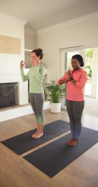 Dikey video: Çeşitli bayan arkadaşlar nefes alıyor, evde esnemek için kollarını hasırların üzerine kaldırıyor. Spor, sağlık, uyum, rahatlama, farkındalık, doğal ışık, dikey video