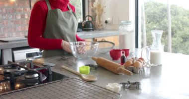 Saygıdeğer izleyiciler, mutfak adasına kase koyan kadın adımları açıklıyor ve un kavanozuna uzanıyor. Pişirme, pişirme, mutfak, yerli, aşçı, sıcak, kırsal