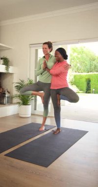 Dikey video: Çeşitli kadın arkadaşlar destek için evdeki paspasların üzerinde bacağını kaldırıyor. Sağlık, uyum, farkındalık, denge, dinginlik, bağlantı, dikey video