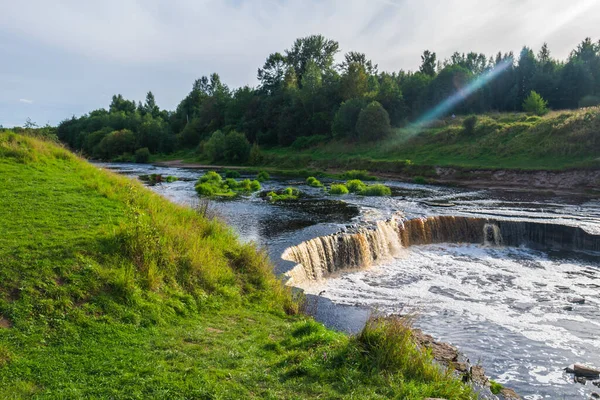 Coast Small River Large Number Stones Greenery Small House Mountain — Stock Photo, Image