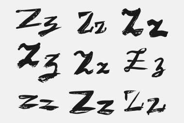 Z harfi elle yazılmış. Grunge kaligrafisi ile yazılmış siyah Z harfi. Yazı tipinin farklı sürümleri dikkatsiz bir şekilde elle çizilir. İllüstrasyon istiyor.