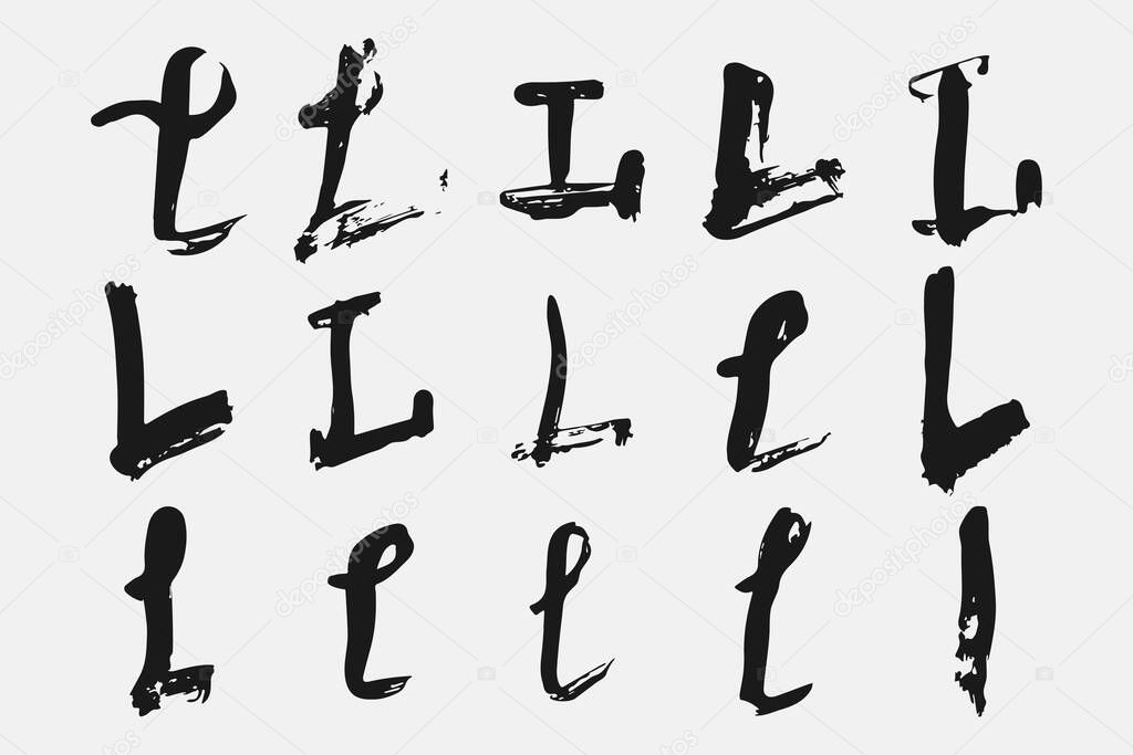 Letter L written by hand. Black letter L written in grunge calligraphy. Different versions of the font are hand-drawn in a careless style. Vector eps illustration.