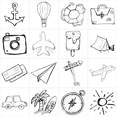 Seyahat temasına elle çizilmiş bir simge seti. Yaz tatilleri ve plaj temaları. El yapımı bir kalem. Uçak, araba, araçlar. İllüstrasyon istiyor.