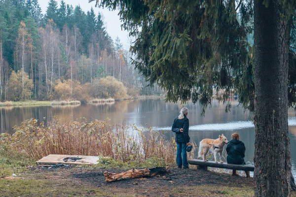 A couple sits by a tree with a dog, looking at the lake. An elderly couple sits by the lake on a bench with a white Labrador.