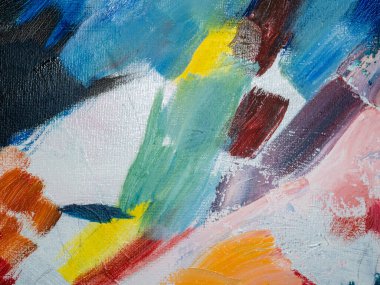 Fırça ve boyalarla yapılmış, çok renkli soyut bir resim. El yapımı. İlginç bir arka plan çizimi olarak kullanabilirsiniz..