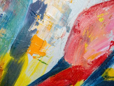 Fırça ve boyalarla yapılmış, çok renkli soyut bir resim. El yapımı. İlginç bir arka plan çizimi olarak kullanabilirsiniz..