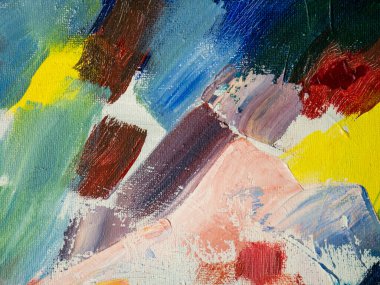 Fırça ve boyalarla yapılmış, çok renkli soyut bir resim. El yapımı. İlginç bir arka plan çizimi olarak kullanabilirsiniz..