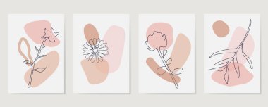 Çağdaş El Vektör çizimleri. Çeşitli Yapraklar ve Çiçekler, soyut şekiller. Mürekkep boyama stili. Sürekli çizgi, minimalist zarif konsept. Vektör illüstrasyonu