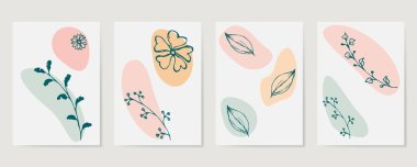 Çağdaş El Vektör çizimleri. Çeşitli Yapraklar ve Çiçekler, soyut şekiller. Mürekkep boyama stili. Sürekli çizgi, minimalist zarif konsept. Vektör illüstrasyonu