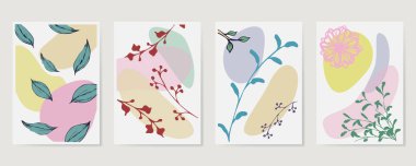 Çağdaş El Vektör çizimleri. Çeşitli Yapraklar ve Çiçekler, soyut şekiller. Mürekkep boyama stili. Sürekli çizgi, minimalist zarif konsept. Vektör illüstrasyonu