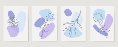 Çağdaş El Vektör çizimleri. Çeşitli Yapraklar ve Çiçekler, soyut şekiller. Mürekkep boyama stili. Sürekli çizgi, minimalist zarif konsept. Vektör illüstrasyonu