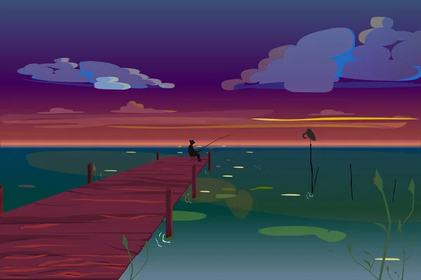 Fisherman Sits Night Pier Fishes Lake Beautiful Sunset Sea Silhouette — Stock Vector