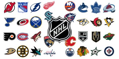 Tüm ulusal hokey ligi takımlarının logosu. NHL takım simgeleri. Tüm yeni hokey takımlarının logolarını ayarla. İllüstrasyon istiyor.