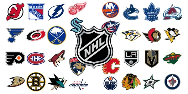 Tüm ulusal hokey ligi takımlarının logosu. NHL takım simgeleri. Tüm yeni hokey takımlarının logolarını ayarla. İllüstrasyon istiyor.