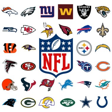 Tüm ulusal futbol ligi takımlarının logosu. NFL takım simgeleri. Tüm yeni futbol takımlarının logolarını ayarla. İllüstrasyon istiyor.