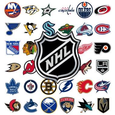 Tüm ulusal hokey ligi takımlarının logosu. NHL takım simgeleri. Tüm yeni hokey takımlarının logolarını ayarla. İllüstrasyon istiyor.