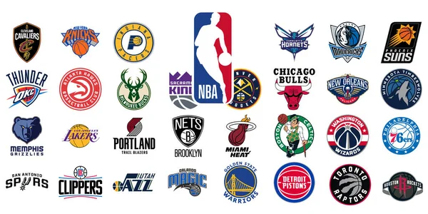 Tüm Ulusal Basketbol Ligi takımlarının logosu. NBA takım ikonları. Tüm yeni basketbol takımlarının logolarını ayarla. İllüstrasyon istiyor.