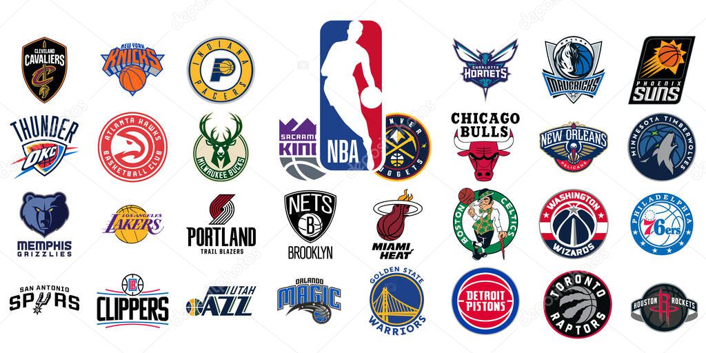Logo of all National Basketball Association teams. NBA team icons. Set all the new basketball teams logos. Vector eps illustration.