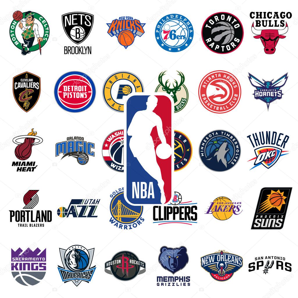 Logo of all National Basketball Association teams. NBA team icons. Set all the new basketball teams logos. Vector eps illustration.