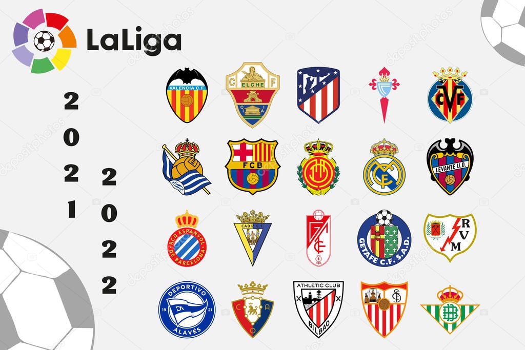 Saint-Petersburg, Russia - July 16, 2021: Logos of all 20 teams of the LaLiga Spanish League and the logo of the league itself. Icons of football teams of the first league of the 2021-2022 season.