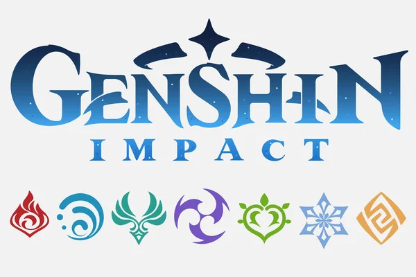 Conjunto de iconos de elementos y logotipo de impacto Genshin. — Vector de stock